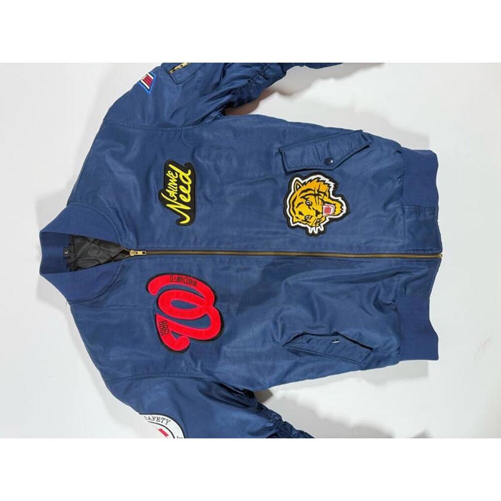 Blue Bomber Jacket with Multiple Patches, Size Large